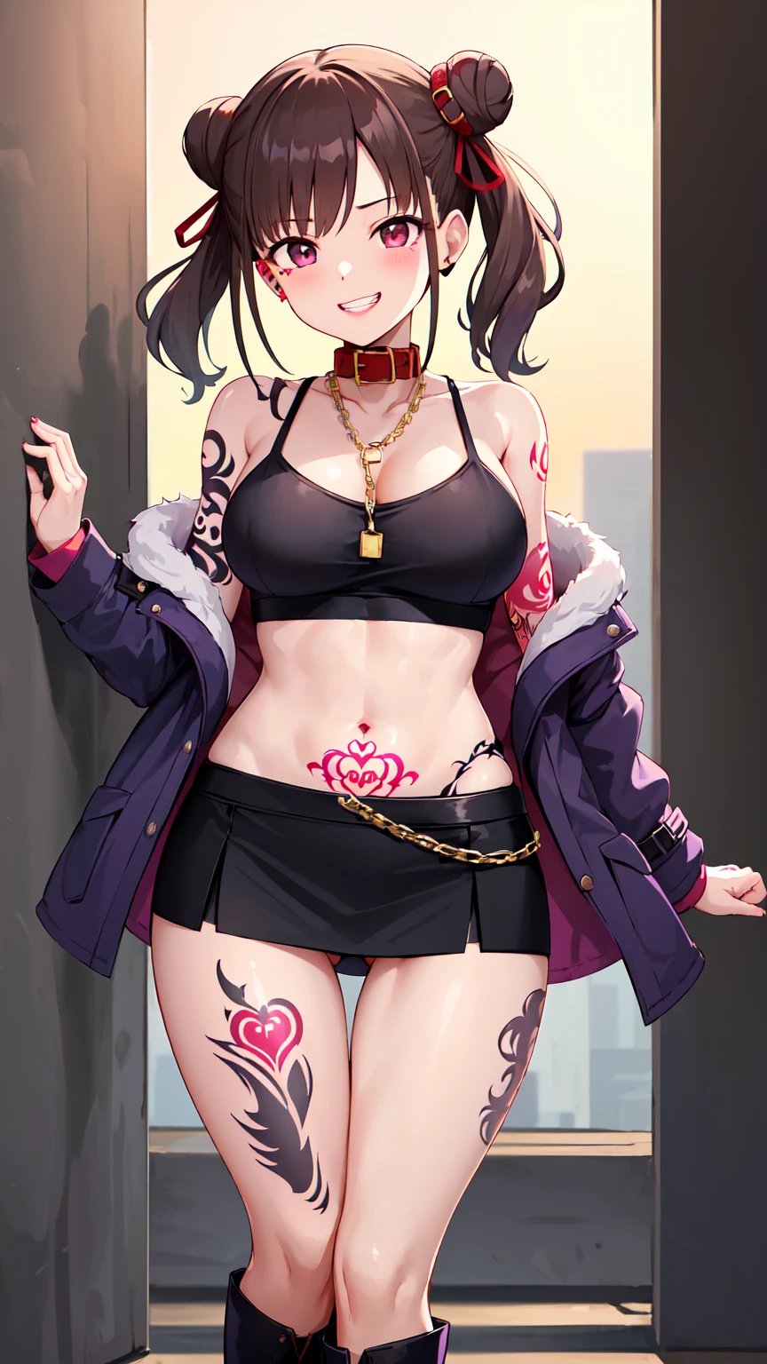 masterpiece, Highest quality, High resolution, Chiyoko, Hair Bun、Double good, Twin tails, Hair Ribbon, collar, Chain Necklaces, Expose your shoulders, Cleavage, Off the shoulder, Pink jacket, Open jacket, abdomen, belt, Black Skirt, alley, Contact us, Talk to your audience、smile, Open your mouth, Are Are standing、,{{alone,ボーイッシュ 1 Girl}} Are standing,,{18-year-old},Black trench coat and leather boots} Show Viewer,, tattoo, High heels, but, belly button, smile, Purple Lipstick、Pink Eyes、Grin、smile, 軽いsmile, anger, blush, saliva, 黒のMicro Mini Skirt、 tattoo、(濃いPurple Lipstick、Purple lips)Leather Thigh Boots、Highlight the face、、(濃いPurple Lipstick、Purple lips)Purple eyes, Purple lips、Absolute area、Micro Mini Skirt、Browsing Caution、Abdominal muscles、bad woman、sadistic、Are standing、(half:1.3), Wide Hips, Thick thighs, (Thigh Gap:1.2), Big Ass, (Shaving, (下abdomenのtattoo:1.5), (ハートのtattoo:1.5), (belly button: 1.1), (Expose your shouldersさせる: 1.1), (邪悪なsmile: 1.3), 1 Girl, whole body,