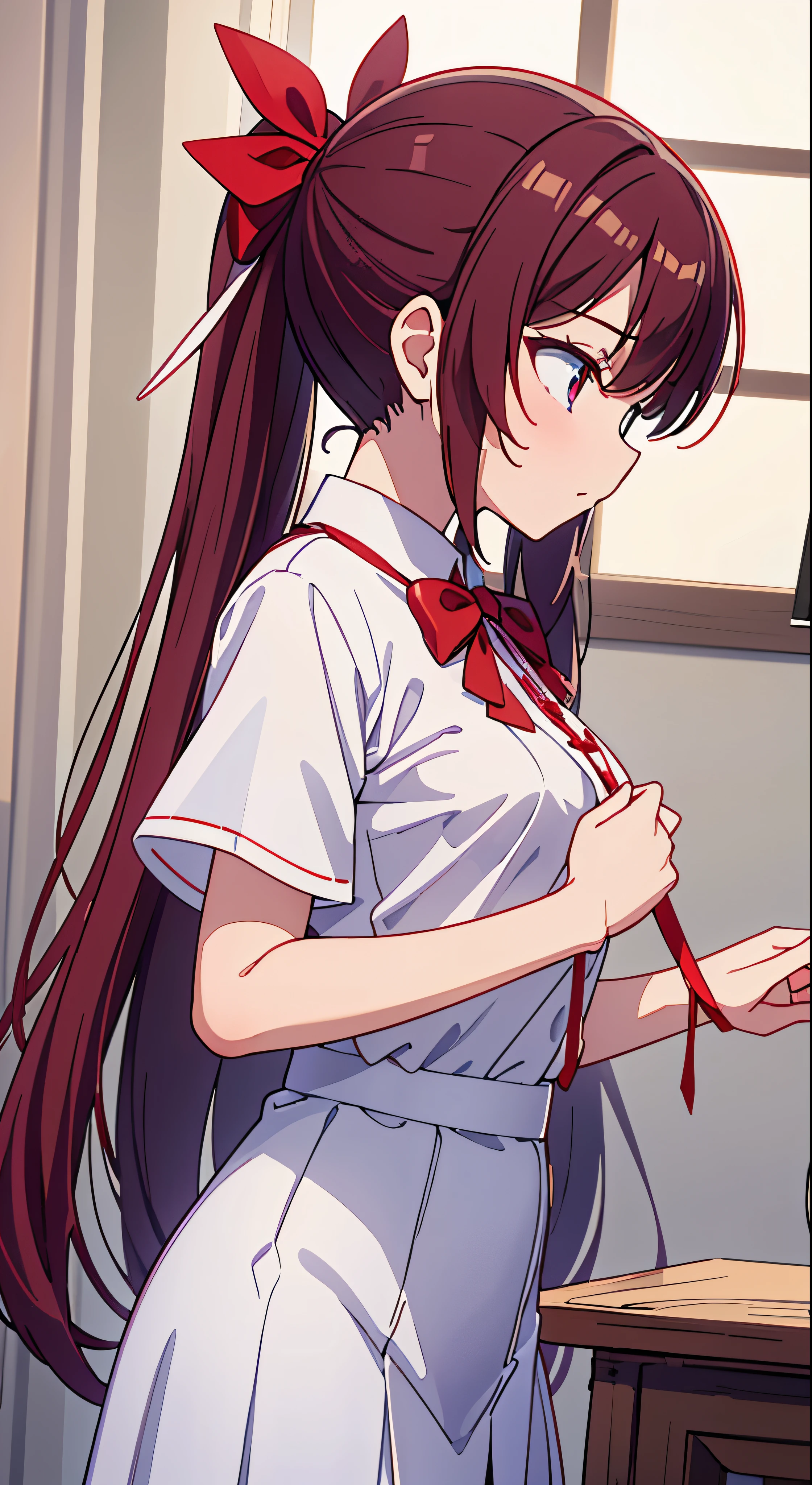 there is a woman in a white shirt with a red ribbon on her chest, nivanh chanthara, white ribbon, profile picture 1024px, only with red, thawan duchanee, red ribbon, wonderful masterpiece, jia, 18 years old, white red, peacefull, yuli ban, sakimi chan, wearing headmistress uniform