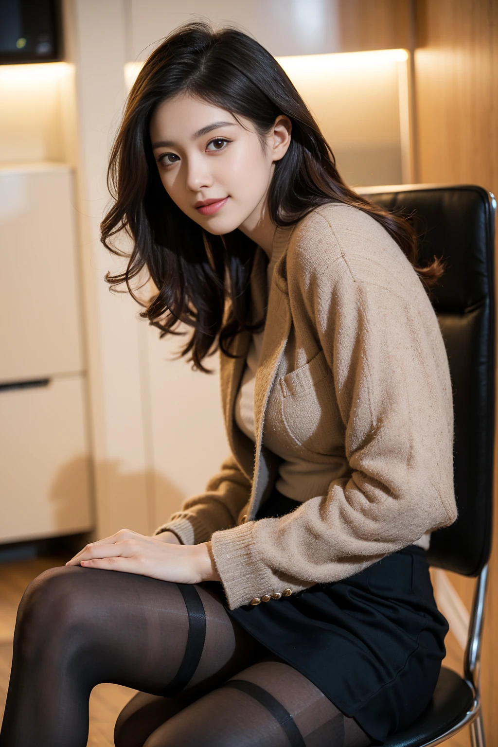 Ulzzang-6500-v1.1, (RAW photos:1.2), (realistic), (really:1.4), １girl、very pretty girl、21 years old、game_nffsw,  eye for detail, shy smile、business fashion、business suit、thighs and skirt、sit on a chair、Working、(very realistic pantyhose:1.2), Curly hair、realistic skin texture、glowing skin、exposed thighs!!! , assembly、eye shadow、