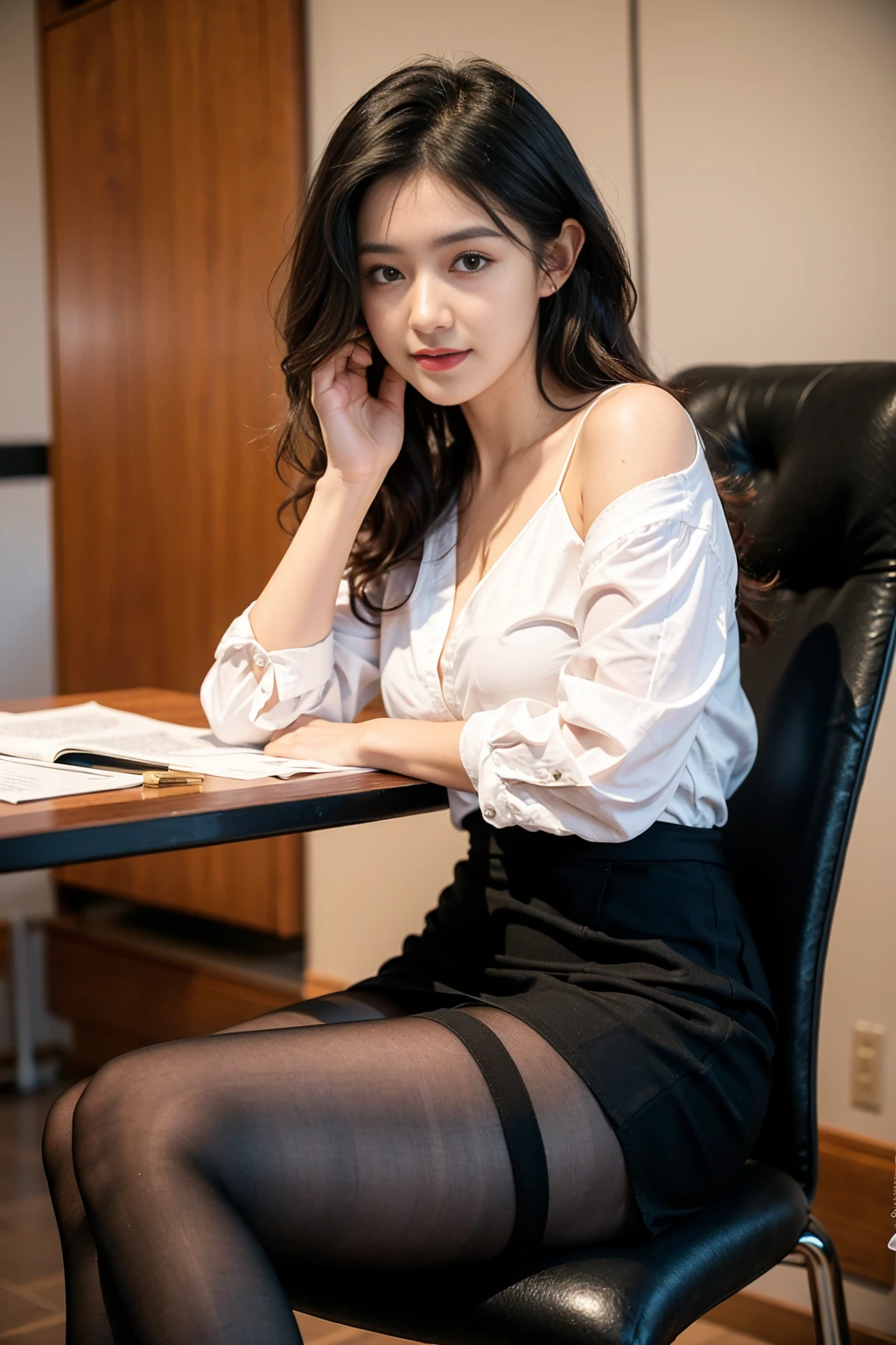 Ulzzang-6500-v1.1, (RAW photos:1.2), (realistic), (really:1.4), 1girl、very pretty girl、21 years old、game_nffsw, eye for detail, shy smile、business fashion、business suit、thighs and skirt、sit on a chair、Working、(very realistic pantyhose:1.2), Curly hair、realistic skin texture、glowing skin、exposed thighs!!! , assembly、eye shadow、