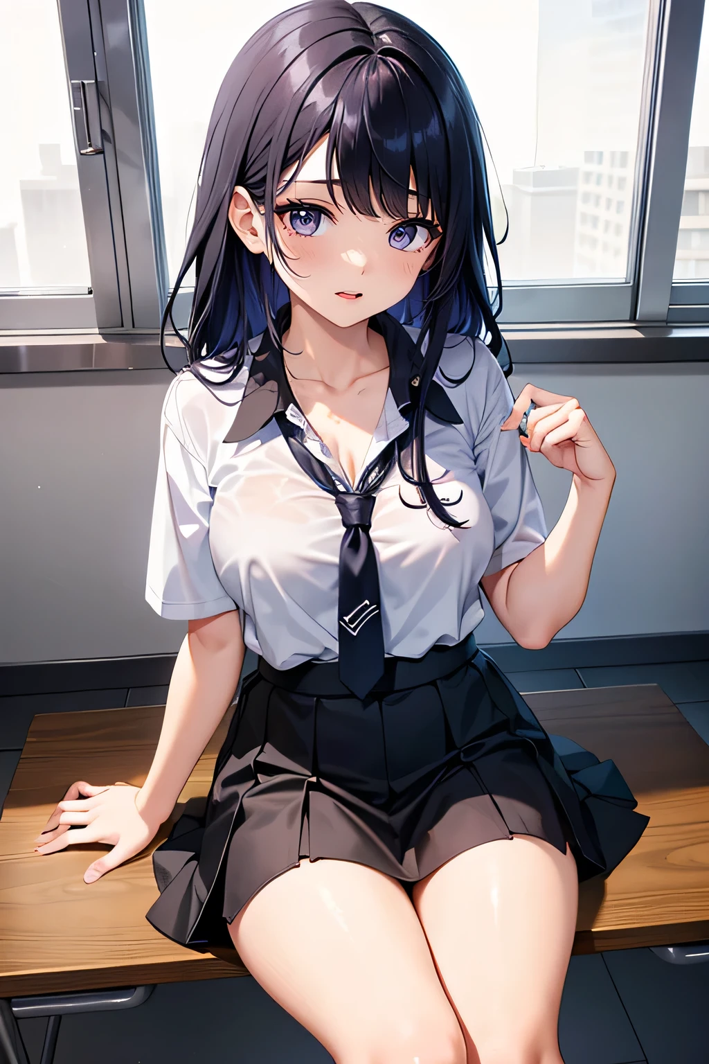 middle School girls、Black Haired Beautiful Girl、Short-sleeved uniform、White blouse、Loosened tie、Collarbone in full view、Drenched in sweat、Navy Skirt、Sexy thighs、Black socks、School classroom