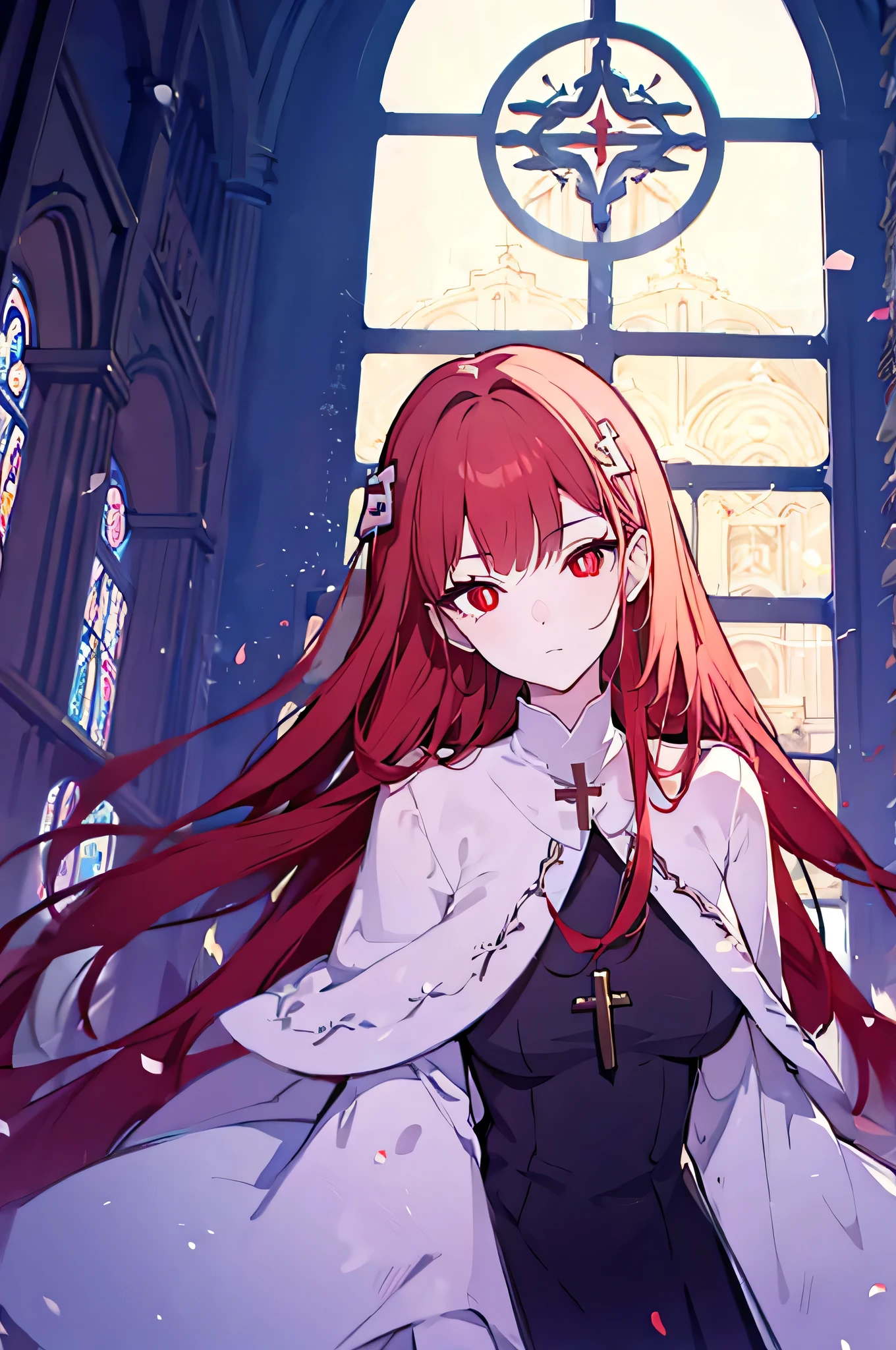 1girl, red hair, solo focus, clearly, red eyes, very long hair, stole, priest, Bishojo, church