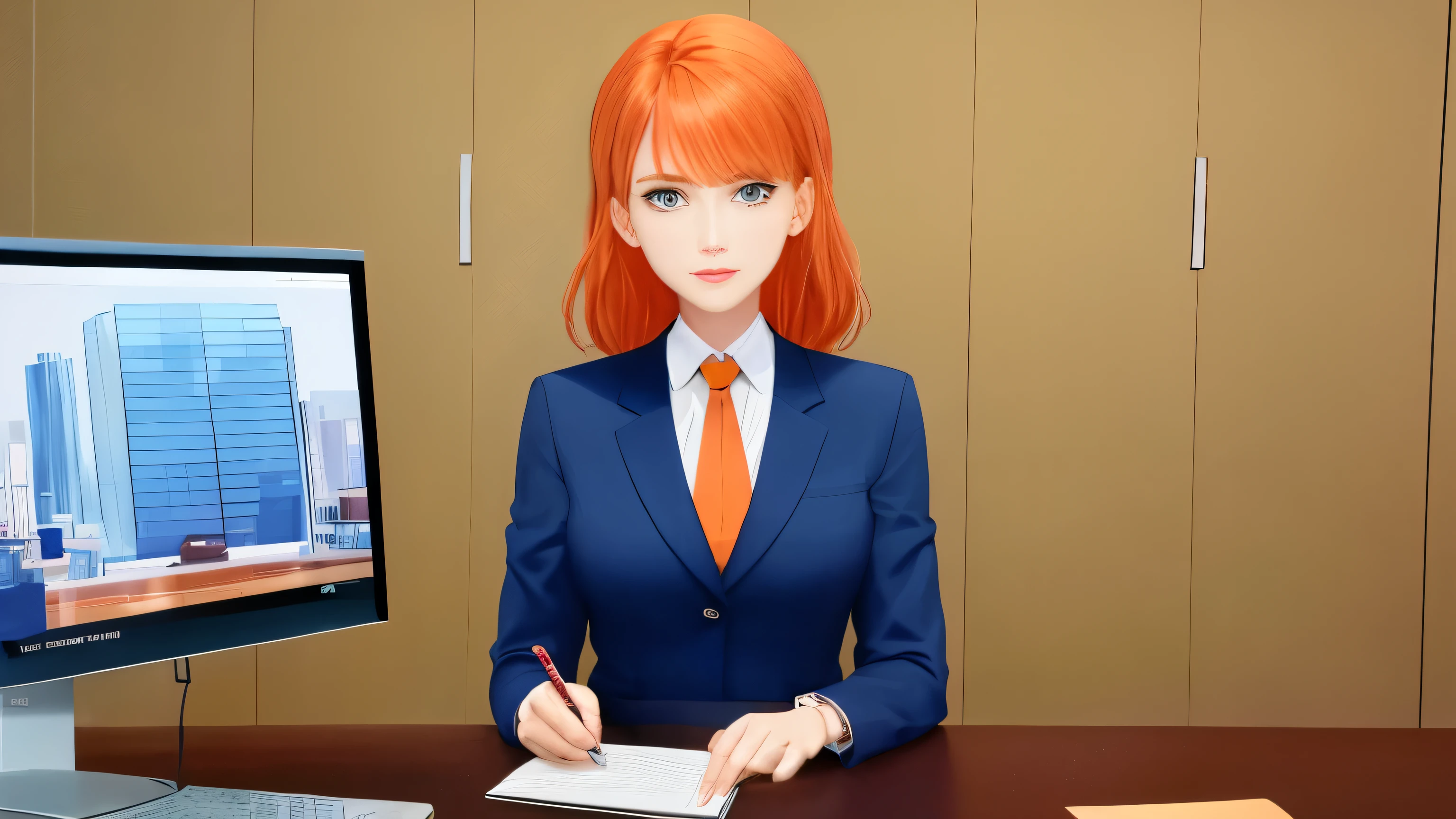 /draw orange hair woman green eyes sitting at desk talking on telephone with computer monitor, 1 9 8 0 s vaporwave business fashion, business woman, 1 9 8 0 s woman, woman in business suit, young business woman, denis velleneuve, female in office dress, sat at her desk, female lawyer, wearing a strict business suit, serious business, working hard, portrait of kim wexler