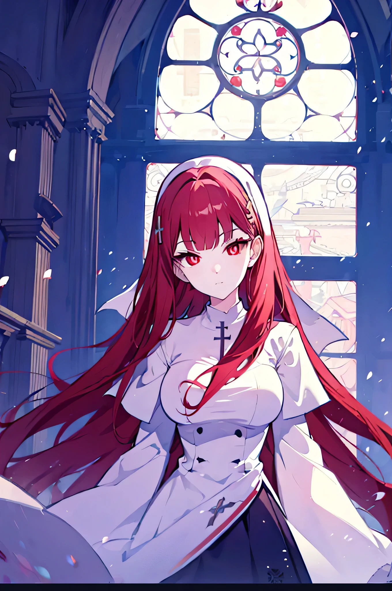 1girl, red hair, solo focus, clearly, red eyes, very long hair, stole, priest, Bishojo, church