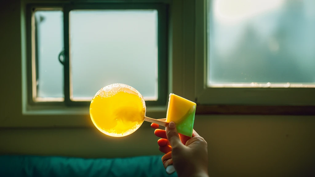 Create a surreal and humorous image of a bitten and melting popsicle with a fried egg inside. The popsicle should be transparent, clearly showing the egg with its white and bright yellow yolk. The scene should be set indoors, with a hand holding the melting popsicle in front of a window. Sunlight should be streaming through the window, illuminating the melting popsicle and creating a contrast between the indoor setting and the light coming from outside. The overall atmosphere should be lighthearted and whimsical, highlighting the unexpected combination of a fried egg inside a popsicle.