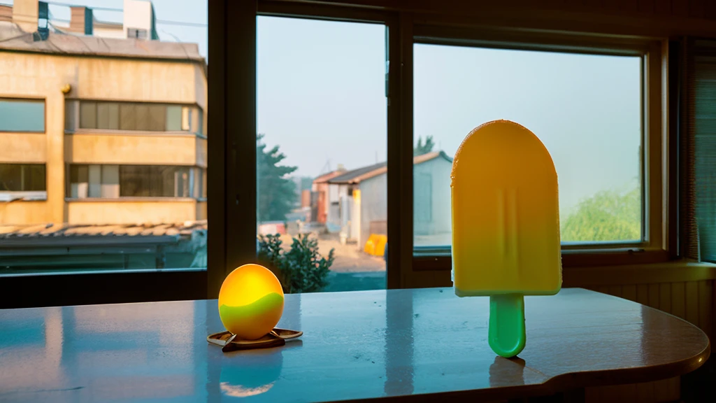 Create a surreal and humorous image of a bitten and melting popsicle with a fried egg inside. The popsicle should be transparent, clearly showing the egg with its white and bright yellow yolk. The scene should be set indoors, with a hand holding the melting popsicle in front of a window. Sunlight should be streaming through the window, illuminating the melting popsicle and creating a contrast between the indoor setting and the light coming from outside. The overall atmosphere should be lighthearted and whimsical, highlighting the unexpected combination of a fried egg inside a popsicle.