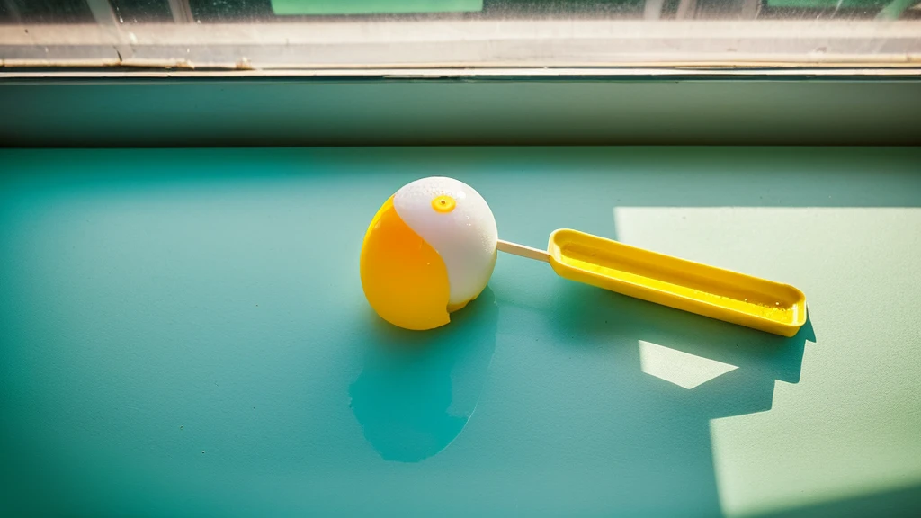 Create a surreal and humorous image of a bitten and melting popsicle with a fried egg inside. The popsicle should be transparent, clearly showing the egg with its white and bright yellow yolk. The scene should be set indoors, with a hand holding the melting popsicle in front of a window. Sunlight should be streaming through the window, illuminating the melting popsicle and creating a contrast between the indoor setting and the light coming from outside. The overall atmosphere should be lighthearted and whimsical, highlighting the unexpected combination of a fried egg inside a popsicle.