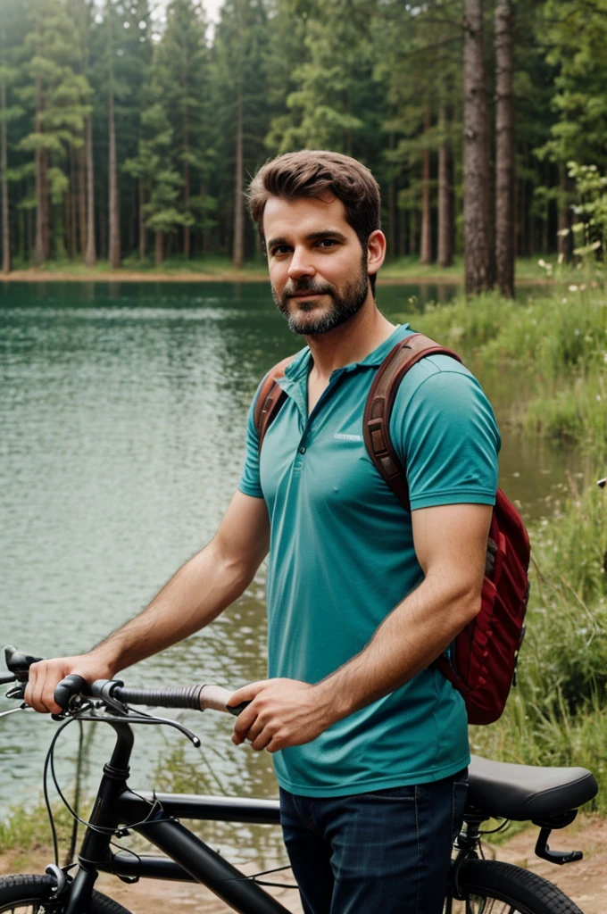 Unshaven man with a beer in his hand. Next to him a bicycle. Forest and lake in the background