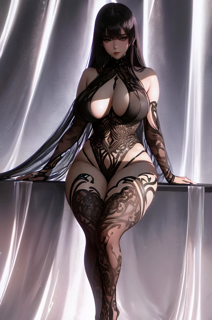 Voluptuous nude woman with fair complexion lounges sensually spreading legs open, otherworldly outspace world. Her curvaceous, full-figured form is adorned with intricate, mystical body art and dark, smoky makeup. , shapely silhouette predatory, seductive and menace expression.