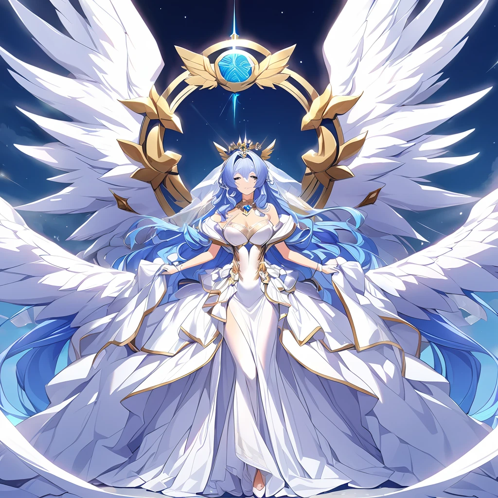 ((Highest quality)), ((masterpiece)), (detailed), (Perfect Face)、The woman embraces Zeus, the great, strong, bearded old man who is the chief god of Greek mythology, kisses him in oath, and gets married in heaven.、Women are messengers of God and great angels.6An archangel and god with wings and a shining halo above his head.々The wife of Zeus, the king of the gods, the goddess Extia、The woman is the beautiful Queen of the Gods, Goddess Extia, with medium-long blue hair. She is wearing a gorgeous white wedding dress with gold embroidery and trim, a white wedding veil, an engagement ring, and gorgeous accessories. She is an elegant goddess and a beautiful queen of the gods.