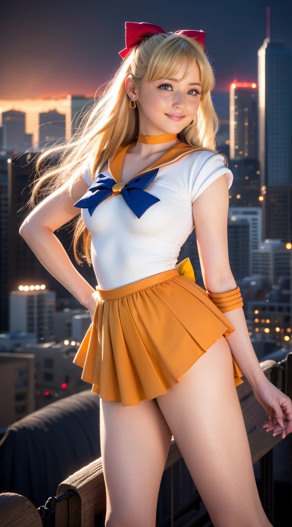 masterpiece, Highest quality, High resolution, Venus 1, One girl, alone, Sailor Warrior Uniform, Sailor Venus, aino minako, Blonde, Magical girl, blue eyes, Orange Skirt, Elbow hand pockets, tiara, Pleated skirt, Hair Ribbon, Orange sailor collar, mini skirt, choker, Red Bow, orange choker, White gloves, Very long hair,  jewelry,  Earrings, Cowboy Shot, smile,,More detailed 8K.Unreal Engine:1.4,超High resolution,La Highest quality:1.4, Realistic:1.4, Skin Texture:1.4, masterpiece:1.8,first work, Highest quality,Object Object], (Detailed facial features:1.3),(Fine hand:1.4),(Apocalyptic destroyed cityscape:1.4)