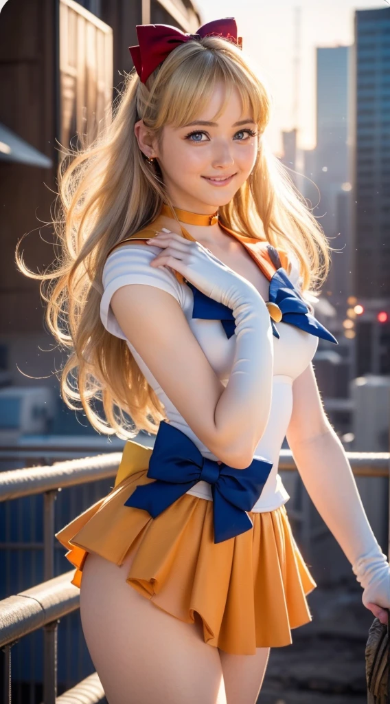 masterpiece, Highest quality, High resolution, Venus 1, One girl, alone, Sailor Warrior Uniform, Sailor Venus, aino minako, Blonde, Magical girl, blue eyes, Orange Skirt, Elbow hand pockets, tiara, Pleated skirt, Hair Ribbon, Orange sailor collar, mini skirt, choker, Red Bow, orange choker, White gloves, Very long hair,  jewelry,  Earrings, Cowboy Shot, smile,,More detailed 8K.Unreal Engine:1.4,超High resolution,La Highest quality:1.4, Realistic:1.4, Skin Texture:1.4, masterpiece:1.8,first work, Highest quality,Object Object], (Detailed facial features:1.3),(Fine hand:1.4),(Apocalyptic destroyed cityscape:1.4)