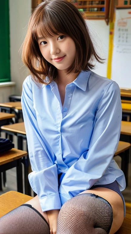(((Unbuttoned shirt:1.65)))、(((Knee-high:1.35)))、(((Panties:1.35)))、(((High heels:1.35)))、Stand in the classroom of school２Stylish girl,Red Tie Uniform,Dark Blue Blazer,Blue Checkered Mini Skirt:1.2,18-year-old,bangs,A small smile,Thighs,knees,From below，Random Pause，pretty girl，Slender girl，白いPantiesーー，Short-cut blonde，short side wave，Carrying a black backpack，Squat，
