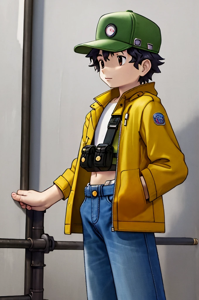 (((Masterpiece))), best quality, cowboy shot, perfect anatomy, realistic faces, painterly, 1boy, (((shota))), solo, (fanny pack), wavy hair, short hair, jacket, three quarter view, simple background, white background, hand in pocket, cap