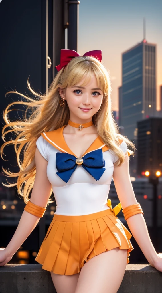 masterpiece, Highest quality, High resolution, Venus 1, One girl, alone, Sailor Warrior Uniform, Sailor Venus, aino minako, Blonde, Magical girl, blue eyes, Orange Skirt, Elbow hand pockets, tiara, Pleated skirt, Hair Ribbon, Orange sailor collar, mini skirt, choker, Red Bow, orange choker, White gloves, Very long hair,  jewelry,  Earrings, Cowboy Shot, smile,,More detailed 8K.Unreal Engine:1.4,超High resolution,La Highest quality:1.4, Realistic:1.4, Skin Texture:1.4, masterpiece:1.8,first work, Highest quality,Object Object], (Detailed facial features:1.3),(Fine hand:1.4),(Apocalyptic destroyed cityscape:1.4)