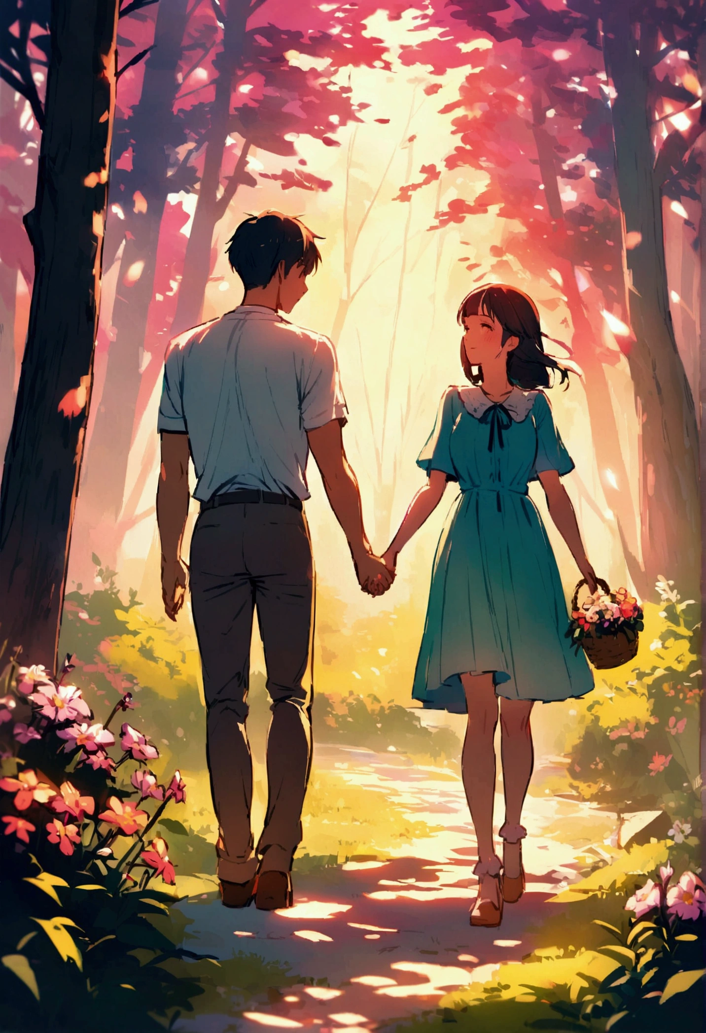 Flower picking, In the woods, ,Vibrant colors,Soft lighting,Two people,Man and woman holding hands