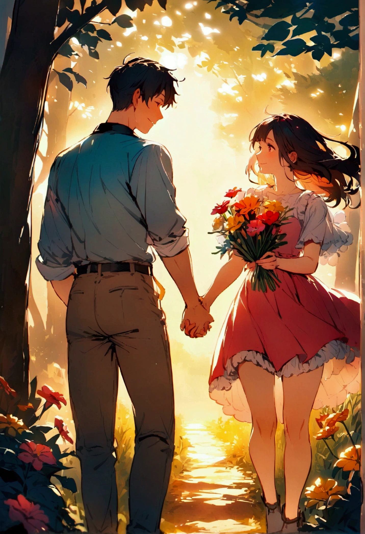 Flower picking, In the woods, ,Vibrant colors,Soft lighting,Two people,Man and woman holding hands