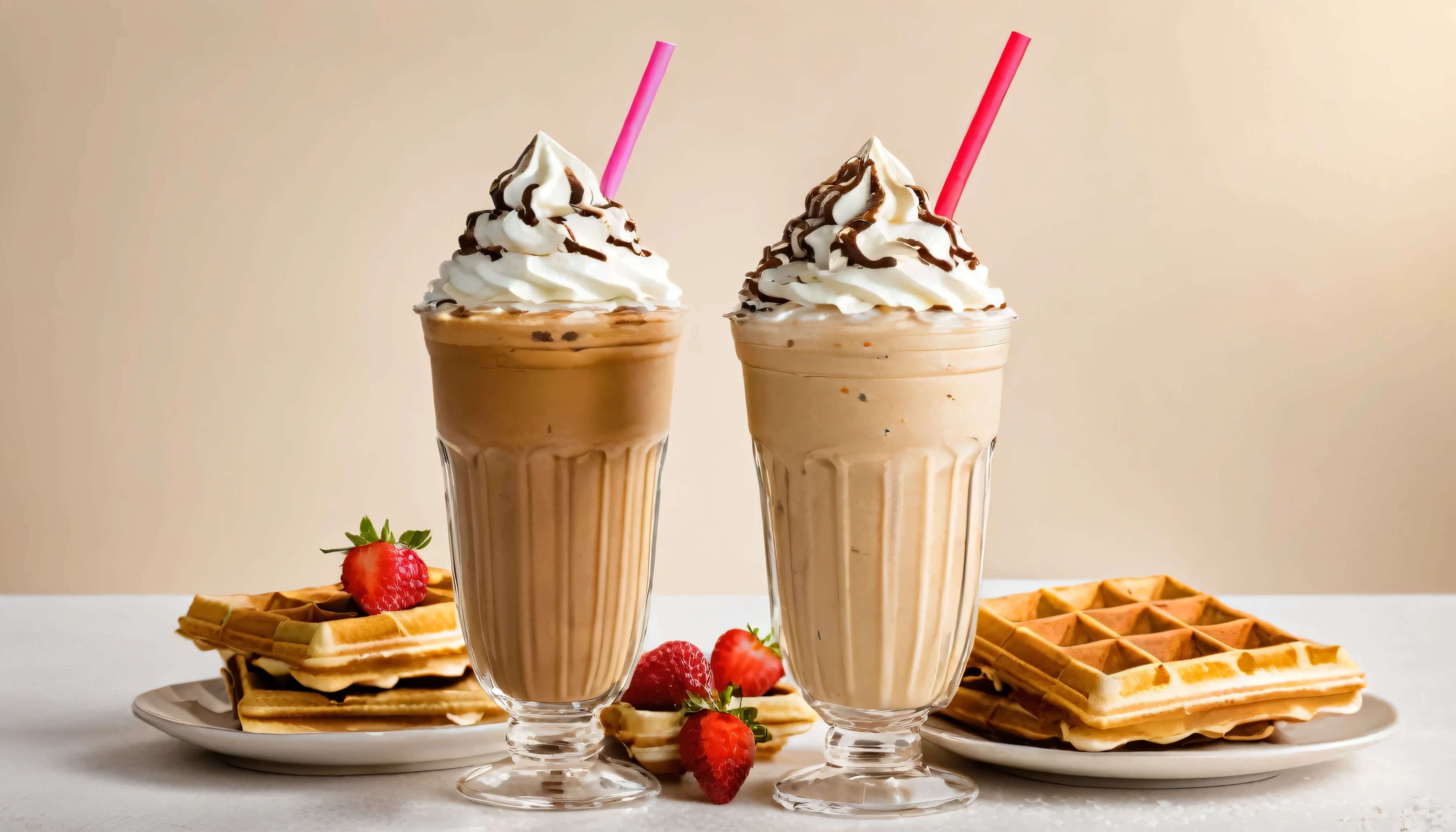 a picture of frappe and waffles, elegant cream color background like in a commercial, everything in focus