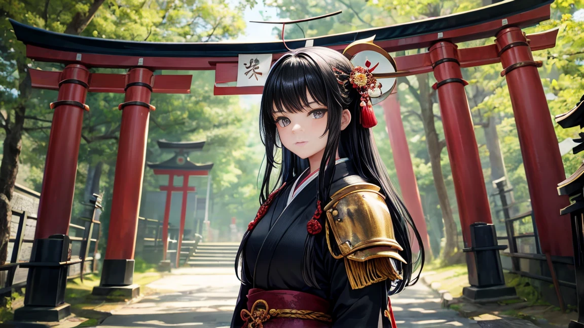 18-year-old girl、Black hair that grows to the waist、Japanese Armor、Japanese clothing、Serious expression、Naginata、Daytime forest、Large Torii Gate