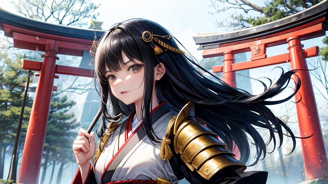 18-year-old girl、Black hair that grows to the waist、Japanese Armor、Japanese clothing、Serious expression、Naginata、Daytime forest、Large Torii Gate