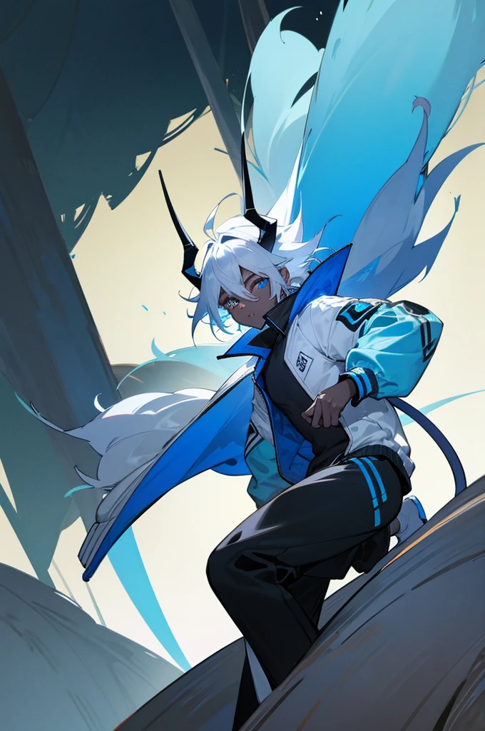 1male, black and blue skin color, white hair ,small horns, with a tail, Jump jacket, Forest background