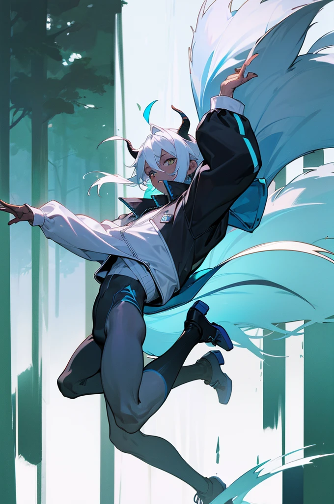 1male, black and blue skin color, white hair ,small horns, with a tail, Jump jacket, Forest background