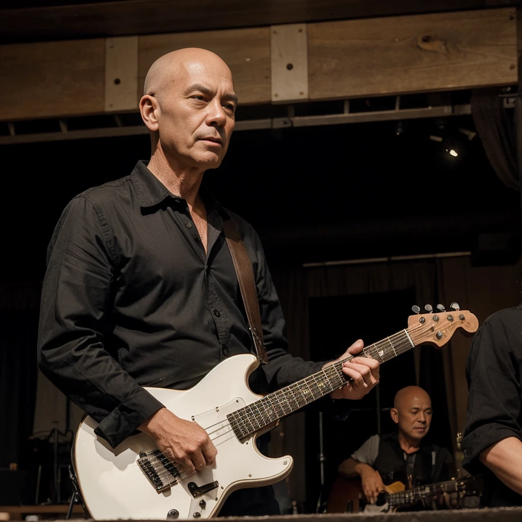 A 65-year-old bald rock guitarist on a bar stage playing rock with a Japanese bassist