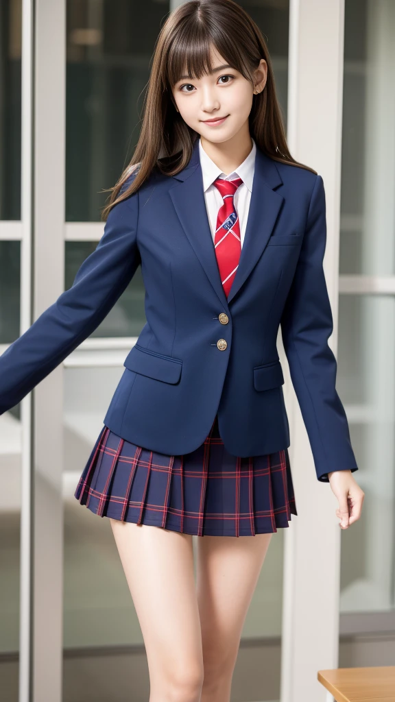 Ultra-high resolution, Superior Quality, Highest quality, Very detailed, Realistic, 8k, RAW Photos, Highest quality, masterpiece, Attractive girl, Awesome girl, Brown Hair, Shoulder-length layers, 非対称のbangs, K-POPアイドル, Sophisticated, stylish, Shibuya Ward, ((masterpiece)),(((Highest quality))),Thin thighs,Long legs,Girl standing in school corridor,Red Tie Uniform,Dark Blue Blazer,Blue plaid skirt,18-year-old,bangs,A small smile,Random Pause，pretty girl，Slender girl，