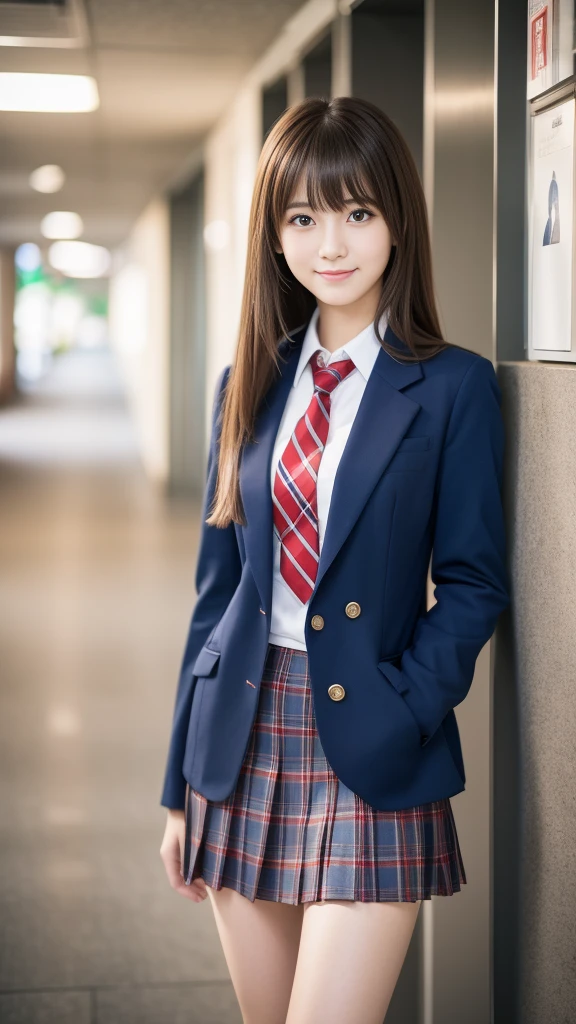 Ultra-high resolution, Superior Quality, Highest quality, Very detailed, Realistic, 8k, RAW Photos, Highest quality, masterpiece, Attractive girl, Awesome girl, Brown Hair, Shoulder-length layers, 非対称のbangs, K-POPアイドル, Sophisticated, stylish, Shibuya Ward, ((masterpiece)),(((Highest quality))),Thin thighs,Long legs,Girl standing in school corridor,Red Tie Uniform,Dark Blue Blazer,Blue plaid skirt,18-year-old,bangs,A small smile,Random Pause,pretty girl,Slender girl,