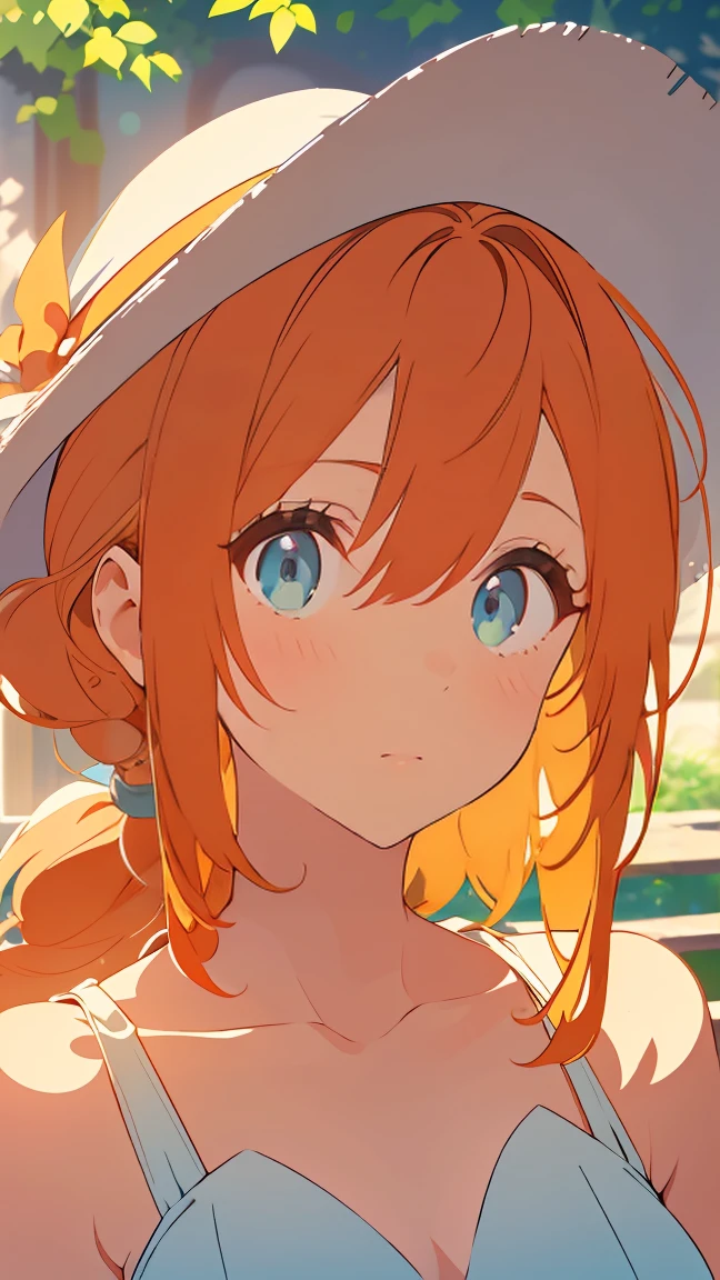 ((masterpiece)), ((best quality)), perfect detailed eyes, perfect detailed face, ultra-detailed nose, orange hair, sidelocks, ponytail, Summer sunshine, sitting on a park bench, one-piece dress, Boater hat