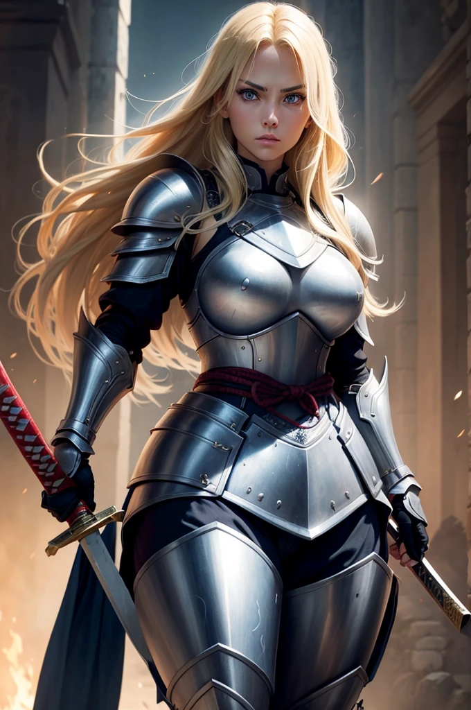 blonde woman, twenty eight years old, blue eyes, wearing battle armor, beautiful, holding a katana, big tits, serious face, strong body