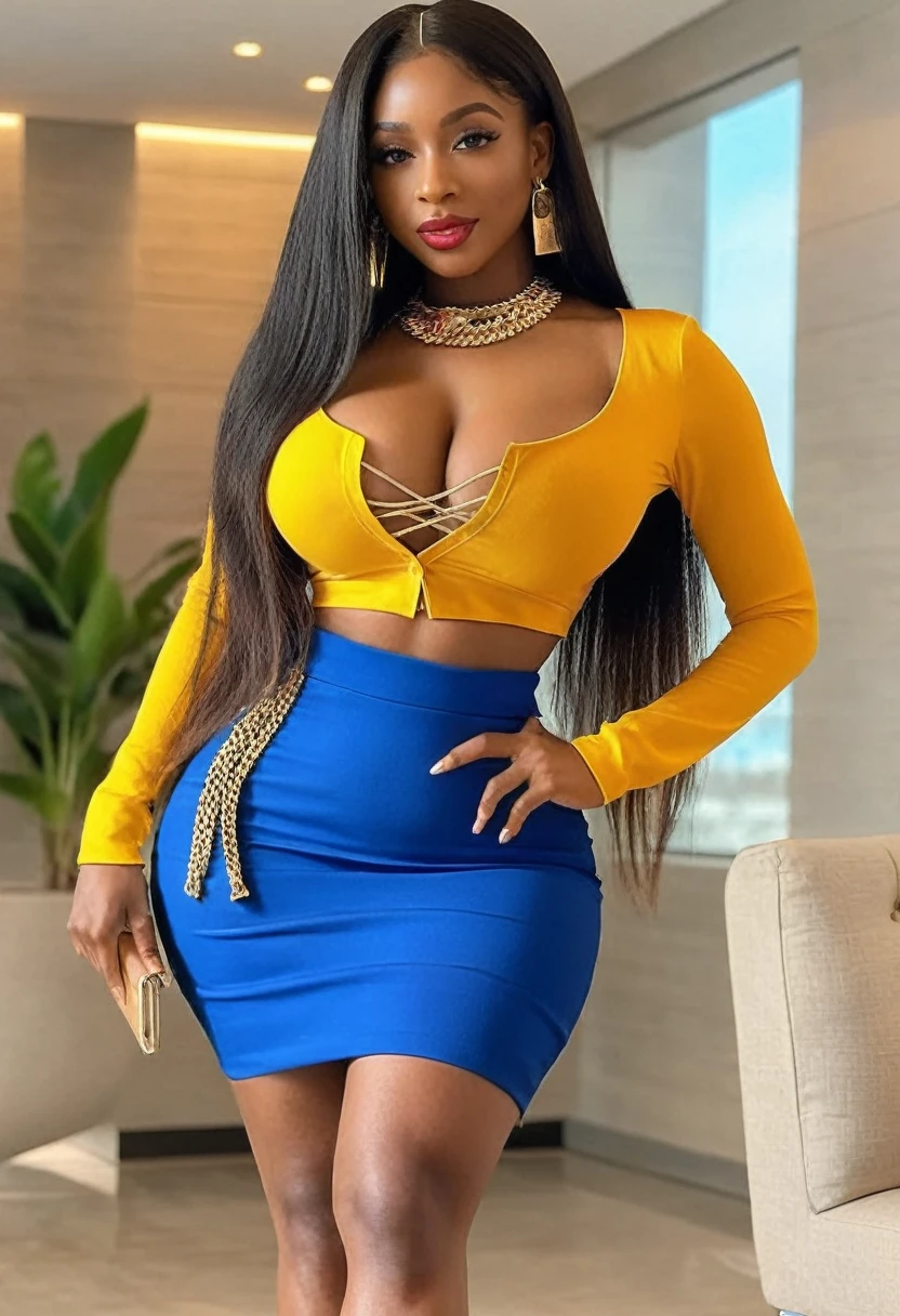 (best high quality:1.5), work of art, (8k), extremely detailed, (High details:1.4), Solo, ((HotLexi)), Angolan female with 24 years old, (crop top, pencil skirt), (medium round breasts), (hourglass hot body),