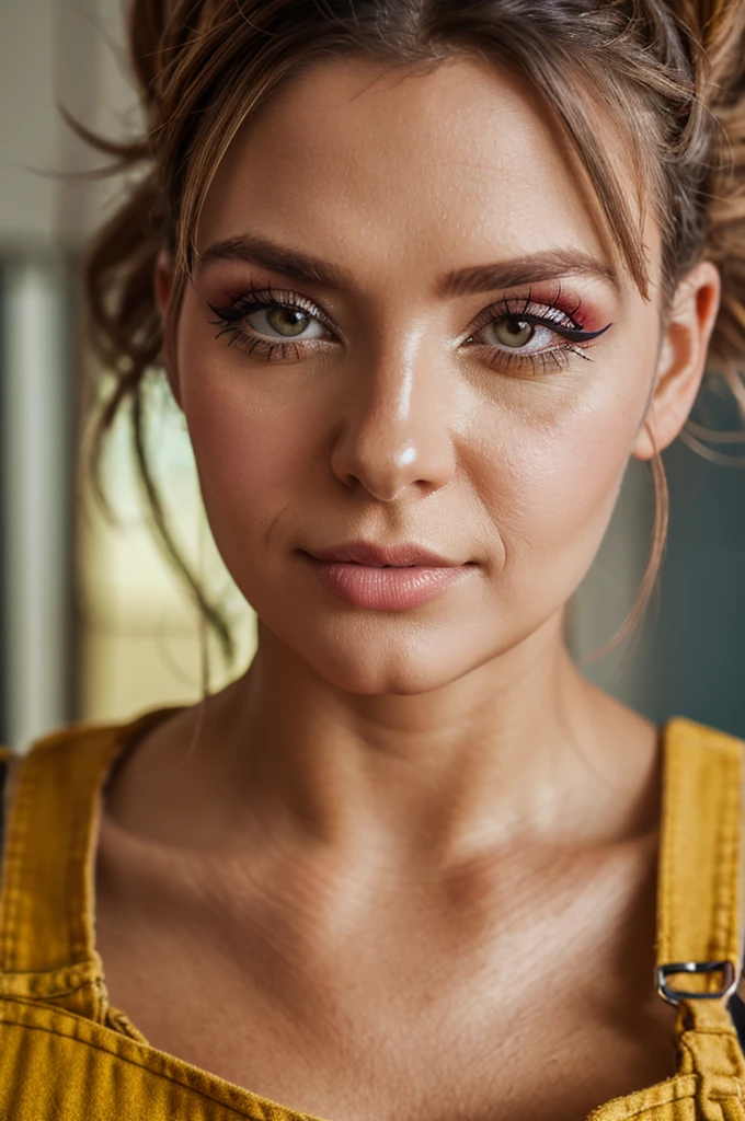 masterpiece, intricate and detailed raw 8k photo, volumetric lighting, best cinematographic quality, photo of a normal woman in overalls, portrait, make up, perfect nails, office background, extreme close up