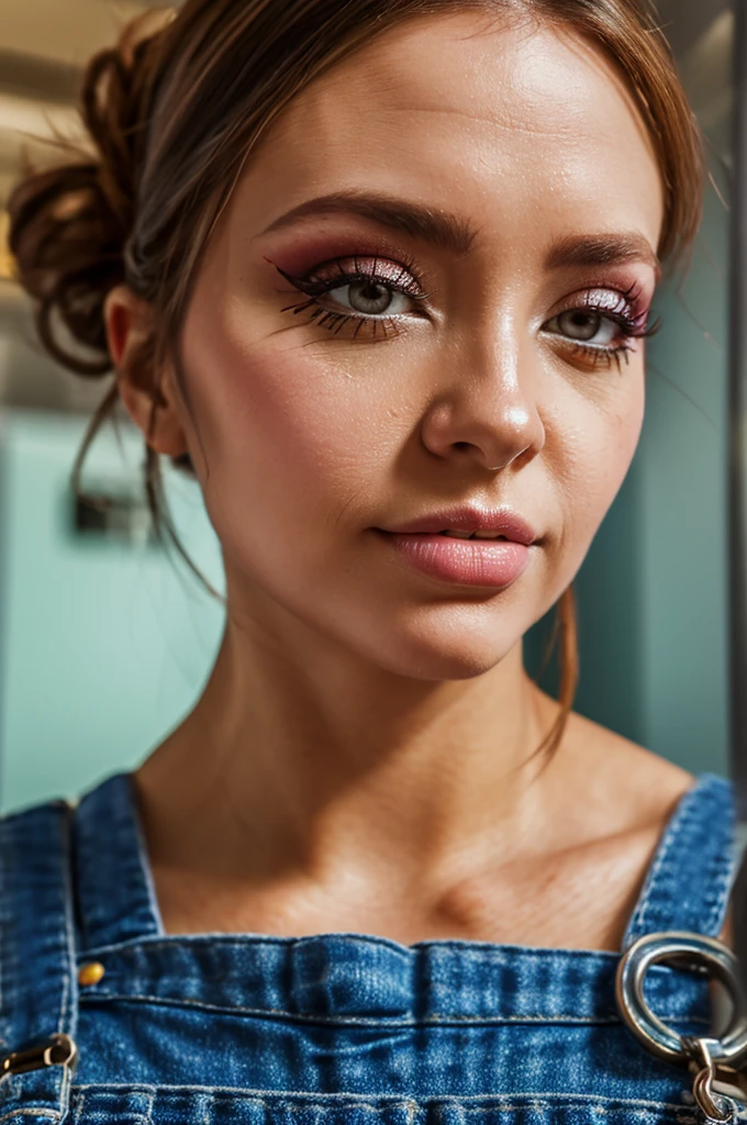 masterpiece, intricate and detailed raw 8k photo, volumetric lighting, best cinematographic quality, photo of a normal woman in overalls, portrait, make up, perfect nails, office background, extreme close up