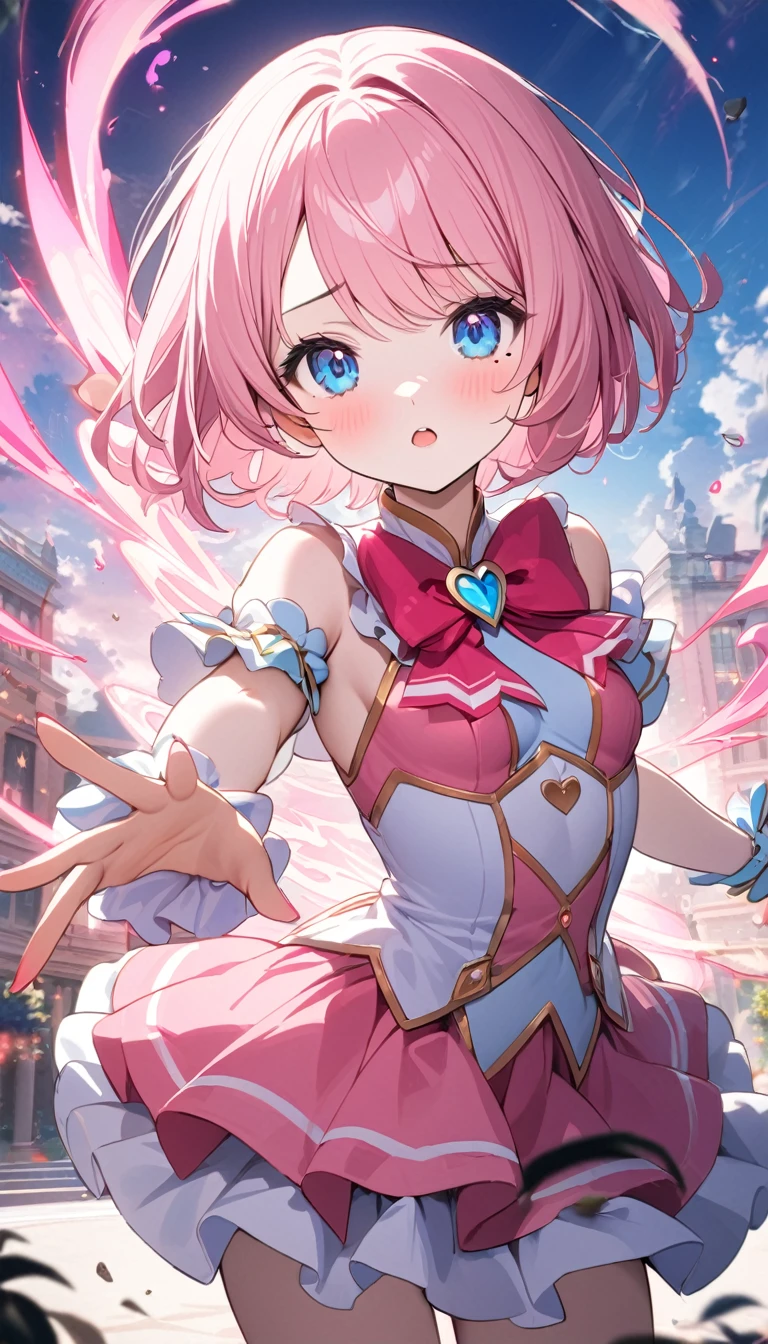 (1 girl),(Best Picture Quality, 8K, Masterpiece:1.3), (high school student:1.5), ((pink lob hair:1.1)), (bob cut),(swept bangs), (cute eyes, pupil black, iris skyblue, youthful face), (mole under right eye), (standard weight), (small breasts), (big hip),(glistening skin:1.1),(pale skin:1.2), looking at viewer, from the front, upper body, A cute magical girl, cute frills magical girl costume, in a fantasy world, magical world, powerful attack, overpowered and consumed, massive spell. chaos, magical assault, impact magic. swirling magical energies, dramatic moment of impact, struggle and the sheer power of the magic.