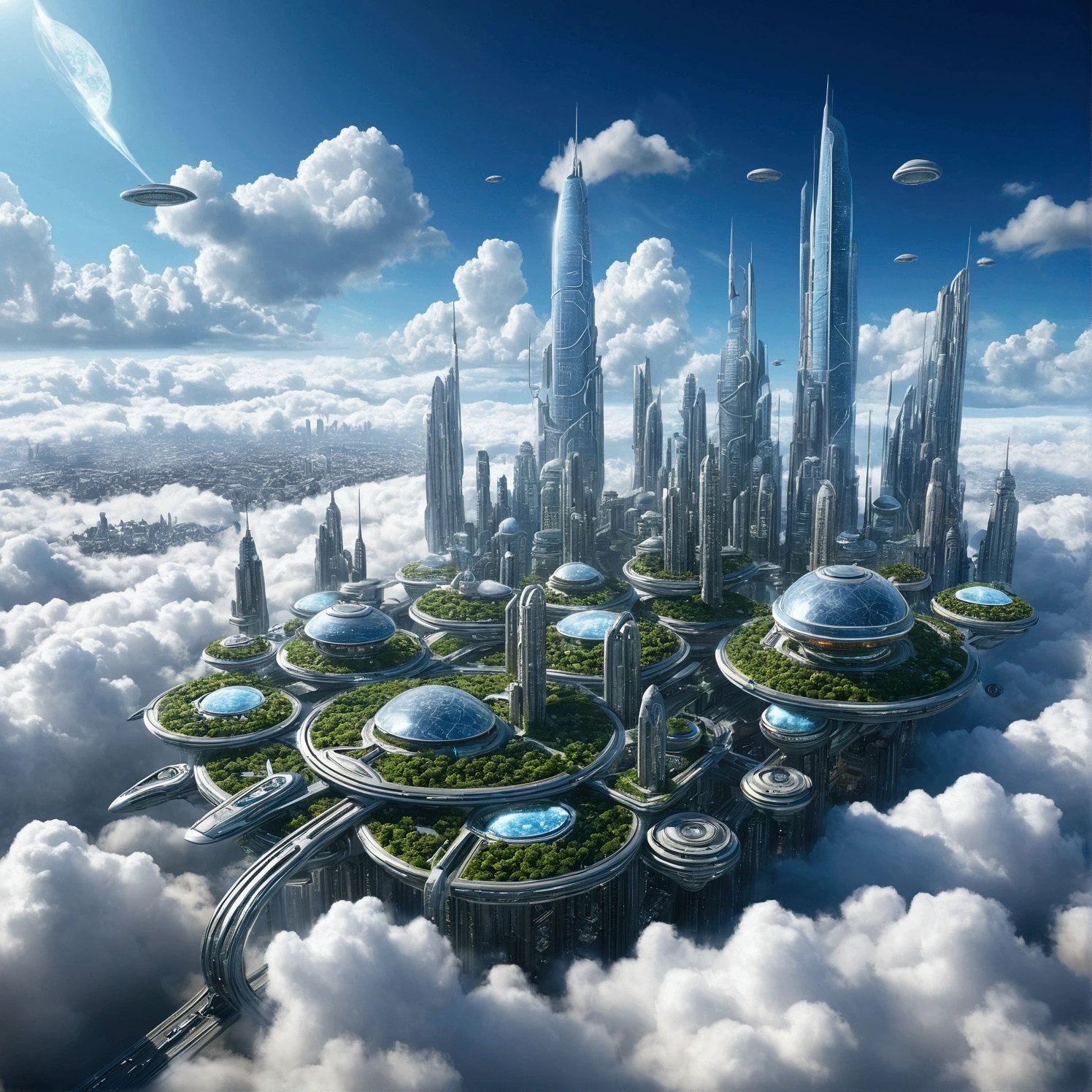 Futuristic city with clouds floating in the sky, floating city in the sky, floating city on clouds, Floating area in the clouds, 在幻想SF City, futuristic utopian city, floating city, SF City, Huge futuristic temple city, Futuristic utopian metropolis, Future Utopian Fantasy, abandoned flying future city, Future city in another world Cyberpunk city High-tech city style future city