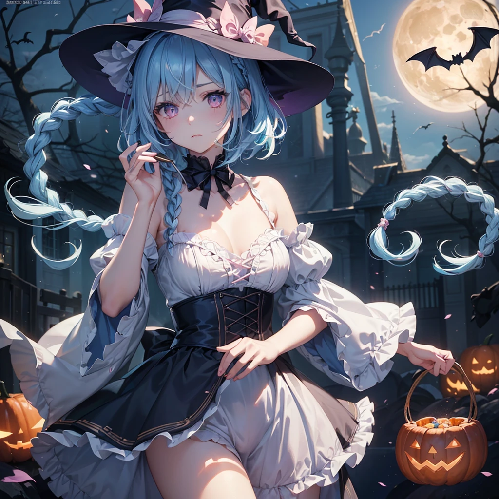 (Light blue medium hair:1.2),(Braided hair:1.2)、Pink eyes、Fair skin、cowboy shot、Halloween、The background is a pumpkin ghost、Crescent Moon、Trick or Treat、A lot of sweets、witch、Halloween night、Candy、many bat、Condescending expression、solo、(masterpiece、Highest quality、Very detailed、Best Shadow)、(Detailed Background)、(Beautifully detailed face)、High contrast、(Best lighting、Very delicate and beautiful)、(Cinematic Light)、colorful、Hyper Detail、Dramatic Light、Exquisite detail、
