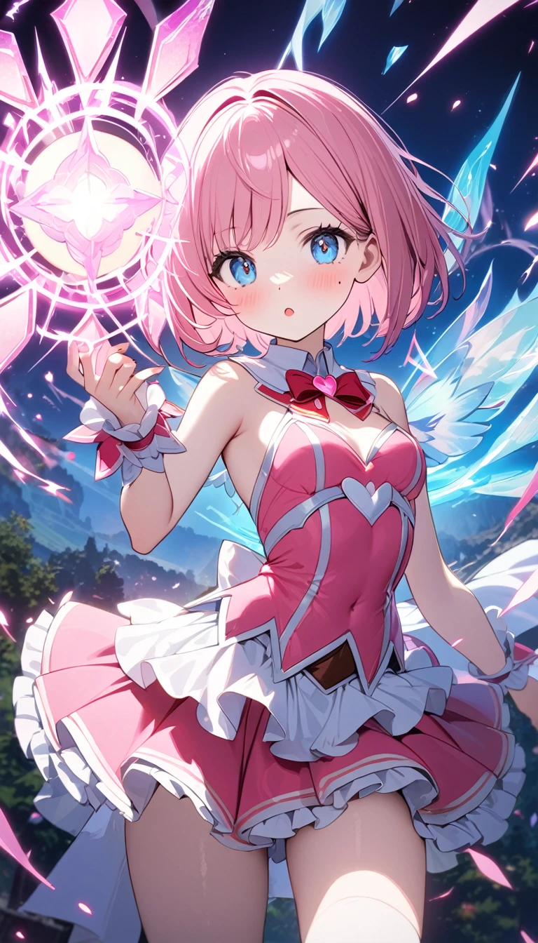 (1 girl),(Best Picture Quality, 8K, Masterpiece:1.3), (high school student:1.5), ((pink lob hair:1.1)), (bob cut),(swept bangs), (cute eyes, pupil black, iris skyblue, youthful face), (mole under right eye), (standard weight), (small breasts), (big hip),(glistening skin:1.1),(pale skin:1.2), looking at viewer, from the front, upper body, A cute magical girl, cute frills magical girl costume, in a fantasy world, magical world, powerful attack, overpowered and consumed, massive spell. chaos, magical assault, impact magic. swirling magical energies, dramatic moment of impact, struggle and the sheer power of the magic.