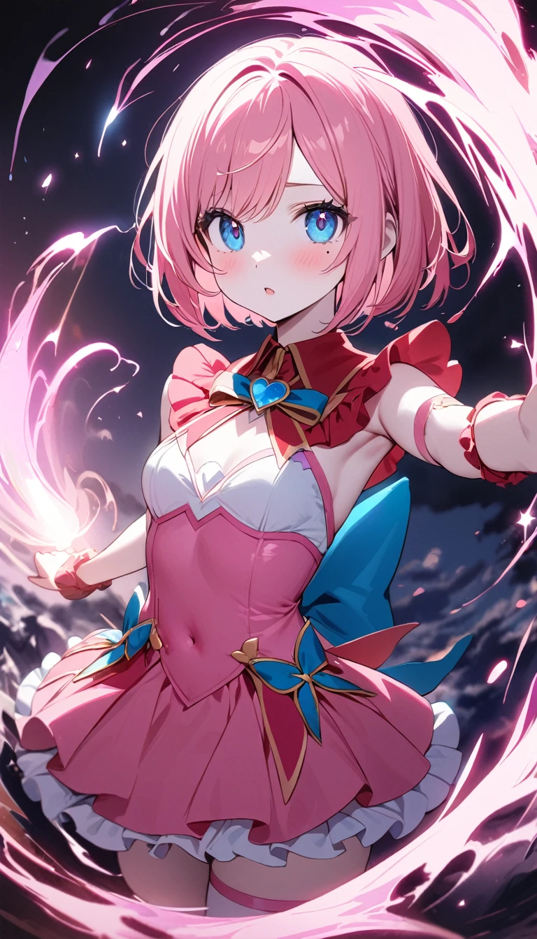 (1 girl),(Best Picture Quality, 8K, Masterpiece:1.3), (high school student:1.5), ((pink lob hair:1.1)), (bob cut),(swept bangs), (cute eyes, pupil black, iris skyblue, youthful face), (mole under right eye), (standard weight), (small breasts), (big hip),(glistening skin:1.1),(pale skin:1.2), looking at viewer, from the front, upper body, A cute magical girl, cute frills magical girl costume, in a fantasy world, magical world, powerful attack, overpowered and consumed, massive spell. chaos, magical assault, impact magic. swirling magical energies, dramatic moment of impact, struggle and the sheer power of the magic.