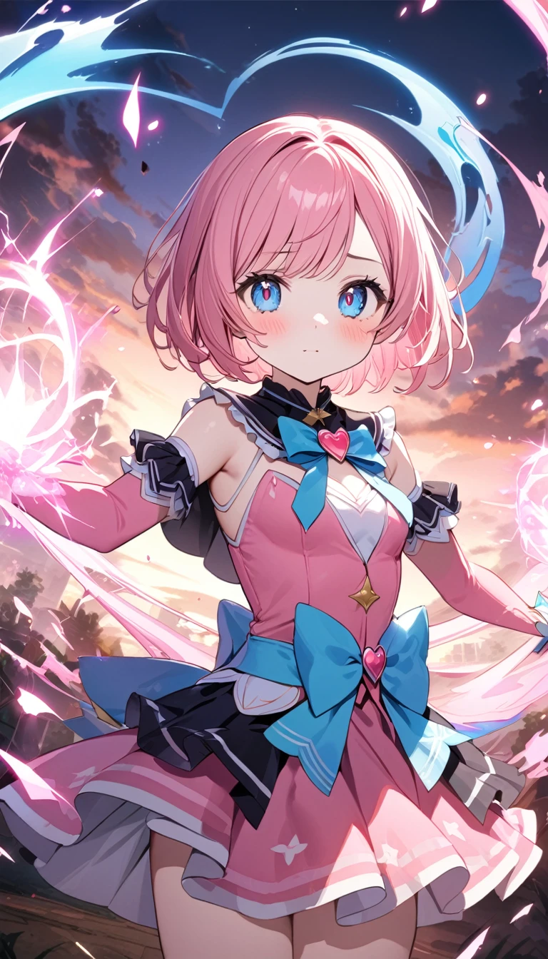 (1 girl),(Best Picture Quality, 8K, Masterpiece:1.3), (high school student:1.5), ((pink lob hair:1.1)), (bob cut),(swept bangs), (cute eyes, pupil black, iris skyblue, youthful face), (mole under right eye), (standard weight), (small breasts), (big hip),(glistening skin:1.1),(pale skin:1.2), looking at viewer, from the front, upper body, A cute magical girl, cute frills magical girl costume, in a fantasy world, magical world, powerful attack, overpowered and consumed, massive spell. chaos, magical assault, impact magic. swirling magical energies, dramatic moment of impact, struggle and the sheer power of the magic.