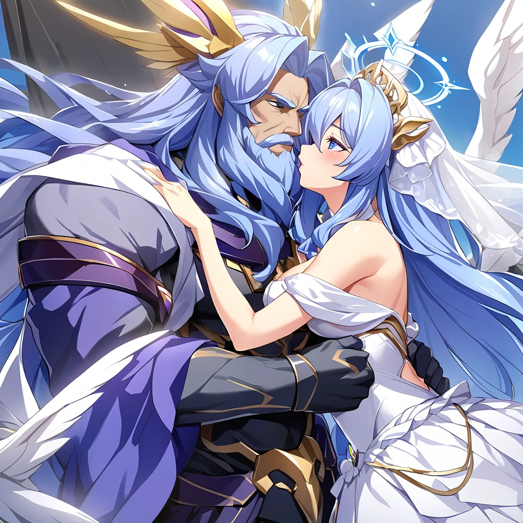 ((Highest quality)), ((masterpiece)), (detailed), (Perfect Face)、The woman embraces Zeus, the great, strong, bearded old man who is the chief god of Greek mythology, kisses him in oath, and gets married in heaven.、Women are messengers of God and great angels.6An archangel and god with wings and a shining halo above his head.々The wife of Zeus, the king of the gods, the goddess Extia、The woman is the beautiful Queen of the Gods, Goddess Extia, with medium-long blue hair. She is wearing a gorgeous white wedding dress with gold embroidery and trim, a white wedding veil, an engagement ring, and gorgeous accessories. She is an elegant goddess and a beautiful queen of the gods.