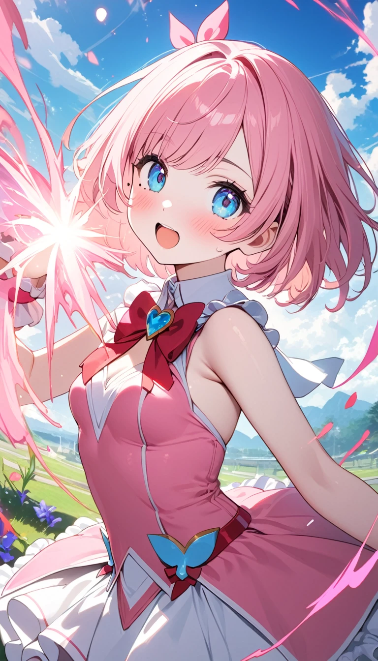 (1 girl),(Best Picture Quality, 8K, Masterpiece:1.3), (high school student:1.5), ((pink lob hair:1.1)), (bob cut),(swept bangs), (cute eyes, pupil black, iris skyblue, youthful face), (mole under right eye), (standard weight), (small breasts), (big hip),(glistening skin:1.1),(pale skin:1.2), looking at viewer, from the front, upper body, A cute magical girl, cute frills magical girl costume, in a fantasy world, magical world, powerful attack, overpowered and consumed, massive spell. chaos, magical assault, impact magic. swirling magical energies, dramatic moment of impact, struggle and the sheer power of the magic.