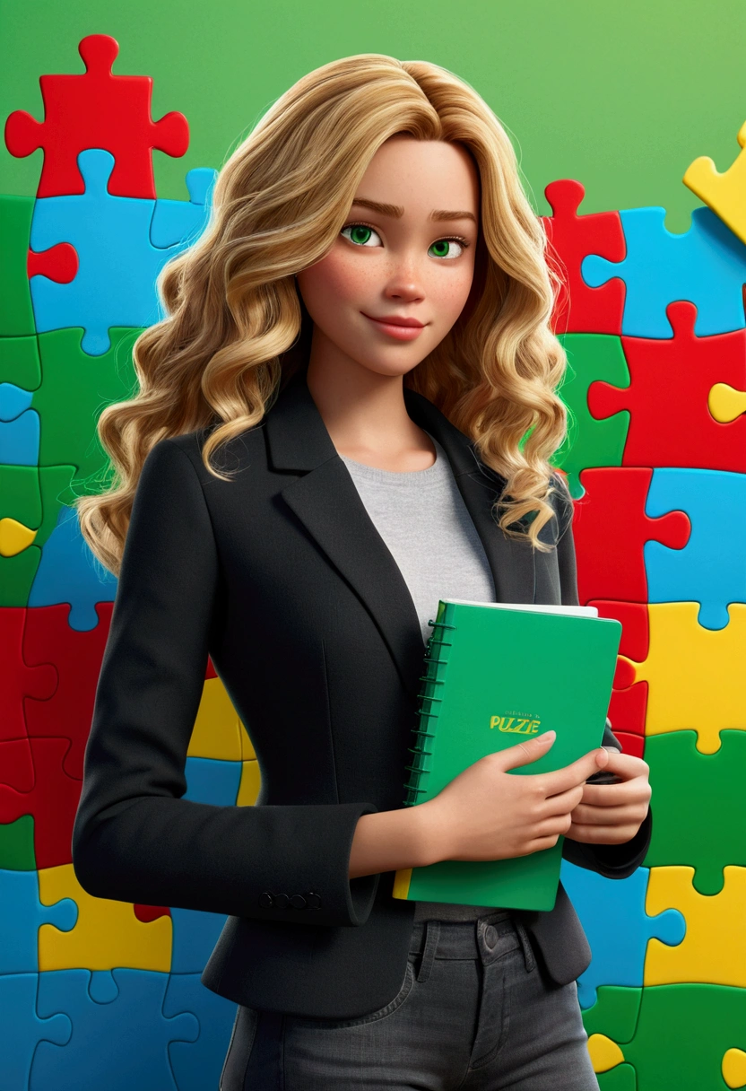 3D PIXAR STYLE POSTER. Woman, with light skin, MEDIUM blonde wavy hair with lighter highlights , green colored eyes, black blazer, black jeans pants, gray shirt, White sneakers, notebook in hand, BACKGROUND WITH RED PUZZLE, cerulean, green and yellow.