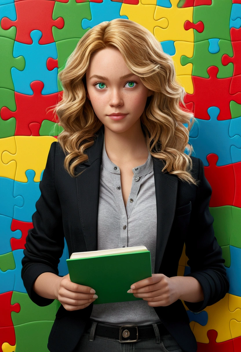 3D PIXAR STYLE POSTER. Woman, with light skin, MEDIUM blonde wavy hair with lighter highlights , green colored eyes, black blazer, black jeans pants, gray shirt, White sneakers, notebook in hand, BACKGROUND WITH RED PUZZLE, cerulean, green and yellow.