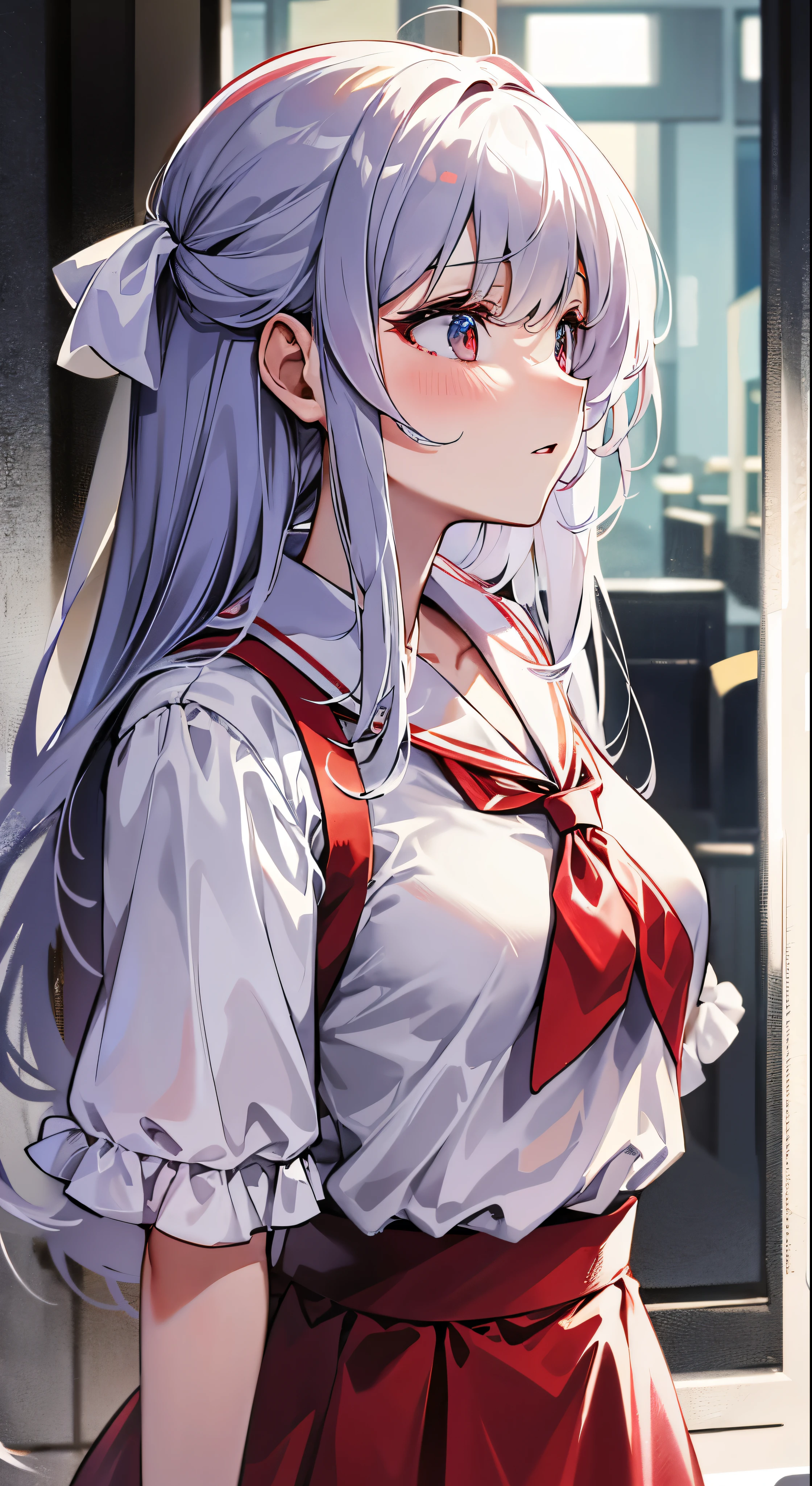 there is a woman in a white shirt with a red ribbon on her chest, nivanh chanthara, white ribbon, profile picture 1024px, only with red, thawan duchanee, red ribbon, wonderful masterpiece, jia, 18 years old, white red, peacefull, yuli ban, sakimi chan, wearing headmistress uniform