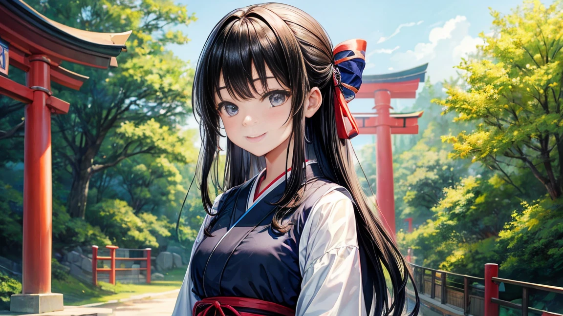 、Shoulder-length black hair、Blue Japanese clothing、smile、bow、Daytime forest、Large Torii Gate