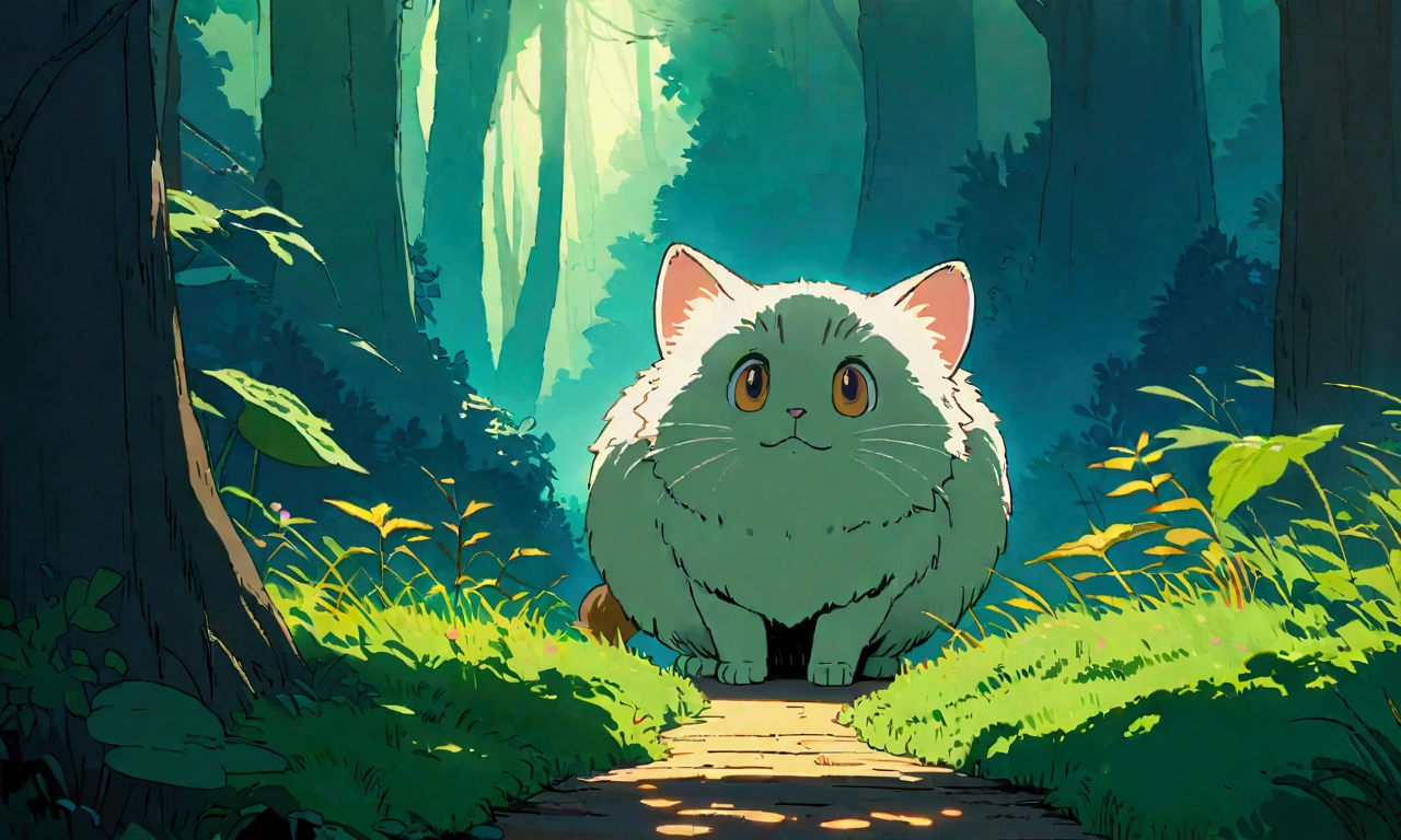 Studio Ghibli-style anime movies, Movie stills, Highest quality, masterpiece, Representative works, Official Art, Professional, Super intricate details, 8k,There is a cat in the distance, in the forest、relax、