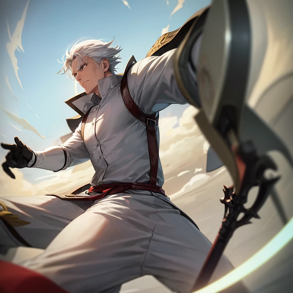 A white-haired man prepared a fighting stance, armed with a sky-flipping spear.