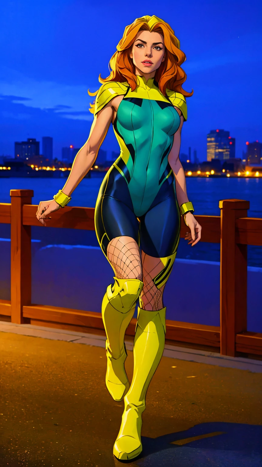 ((Full body shot, standing, feet on the ground)) Rogue, X-Men, (best quality, 4k, 8k, high resolution, cyclist body, masterpiece: 1.2), fishnet pantyhose ultra-detailed, (realistic, photorealistic, photorealistic: 1.37), full body photo, yellow high boots, voluminous hair, beauty pose, standing, show feet, outside, city roof at night, green bandana