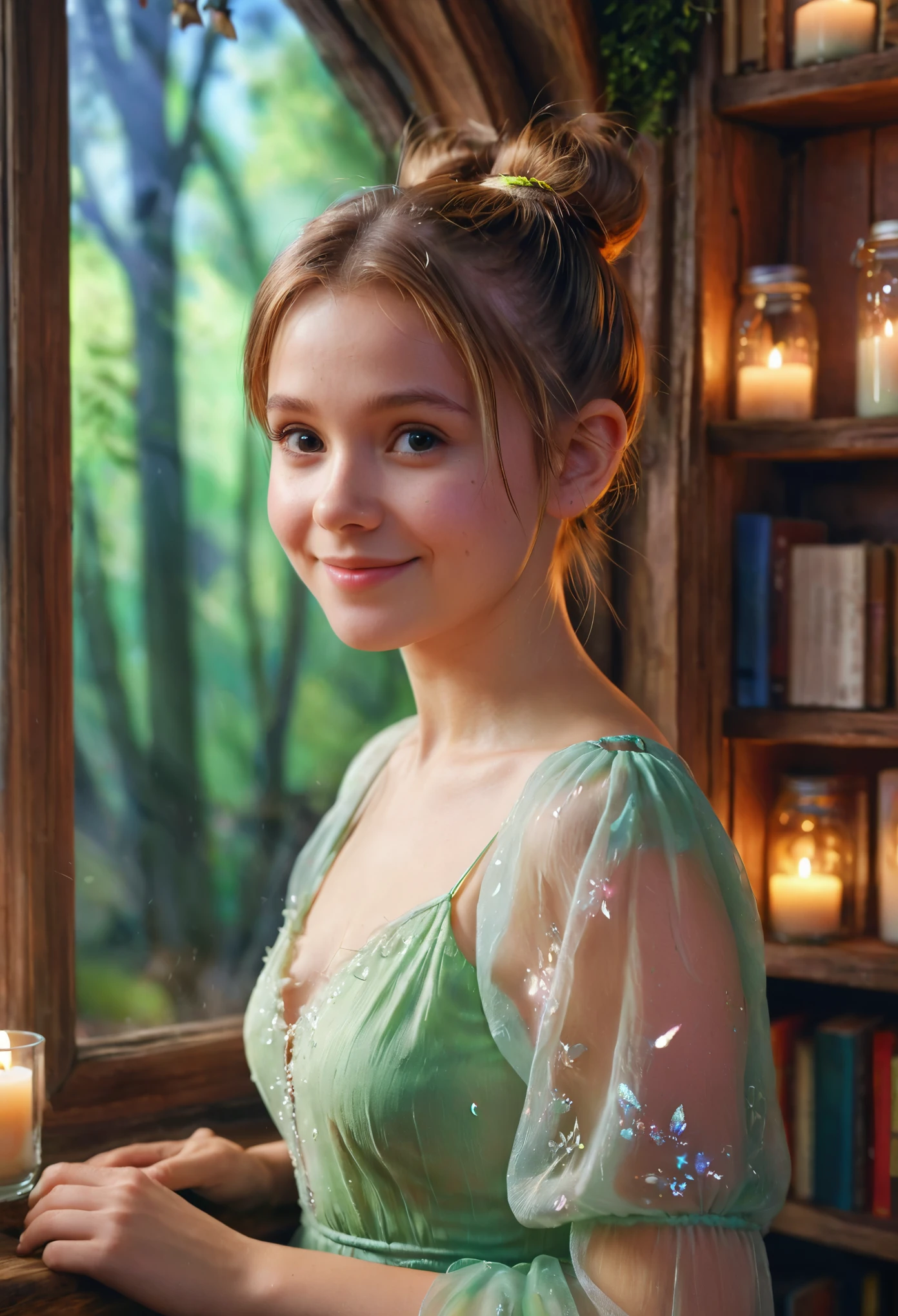 masterpiece:1.20, simple watercolor:1.5, uhd, hdr, 8k, unreal engine 5, ray tracing:1.20, low light painting, dramatic cinematic lighting, vibrant colors, vivid colors,  Award-winning facial portrait of young Tinkerbell, (only face and upper body:1.3), (close up:1.2), (dainty young girl:1.30), wearing a loose delicate dress:1.2, single hair bun, looking down sideways, head tilt, (snub nose:1.3, red cheeks:1.20), prominent cheekbones, joyful smile:1.40, glossy skin:1.40  a fairy village, inside a tree house with one big window, office, books, shelves, candles, fairy dust, god rays,